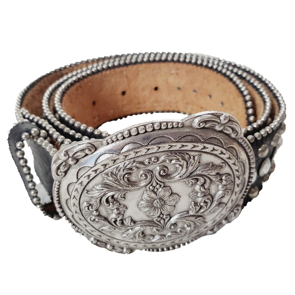 Vintage Women's Leather Belt Detailed Rhinestone Flower Studded Black & Silver